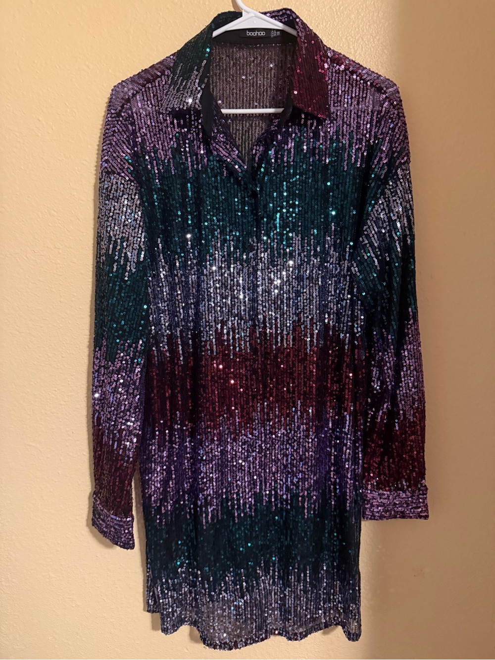 Boohoo Multicolor Sequin Button-Down Shirt - Purple, Green, Burgundy
